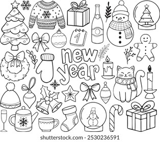Festive New Year coloring page filled with cheerful decorations, gifts, and winter motifs