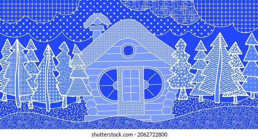 Festive new year drawing, stylized landscape with house and trees