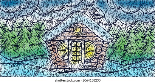Festive new year drawing, stylized landscape with house and trees