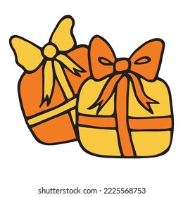 Festliche Geschenkbox für Neujahr mit einem Bow in Cartoon Doodle Style. Geburtstag oder Weihnachten Diese Illustration. Farbige grafische Skizze, Vektorsymbol, Print, Logo einzeln auf weißem Hintergrund.