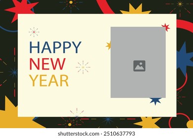A festive New Year greeting card with the message "Happy New Year" in bold blue, red, and yellow letters on a light beige background