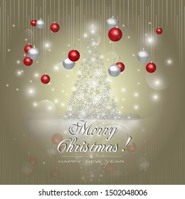 Festive New Year illustration with abstract Christmas tree made of snowflakes and flying Christmas balls.