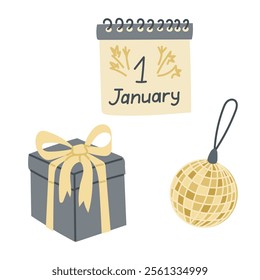 Festive New Year illustration with calendar marked January 1st, gift box with golden ribbon, and golden disco ball ornament. Vector hand drawn clipart isolated on white background