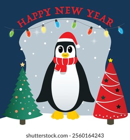 Festive New Year illustration featuring a cute penguin in a Santa hat and scarf, surrounded by christmas trees, colorful lights, and a winter scene. Perfect for holiday cards, decor, and designs.