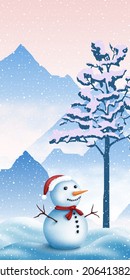 Festive New Year illustration, winter mountain landscape with snowman, vertical banner