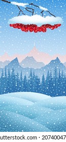 Festive New Year illustration, winter landscape, rowan branch, vertical banner