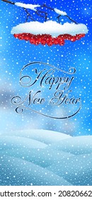 Festive New Year illustration, winter landscape, rowan branch, vertical banner