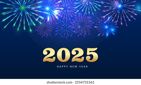 A festive New Year image with a dark blue background vibrant fireworks lighting up the sky 2025 in golden letters at the center and Happy New Year written below 






