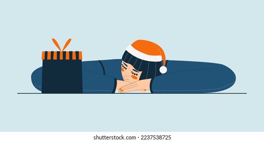 Feierlich, Neujahr, flüssige Flach-Illustration mit einem Mädchen in einem Weihnachtsmütze, der sich den Kopf auf der Hand ruht und ihre Augen schließt. Neujahrsdekor, Postkarten, Websites, Druck, Aufkleber
