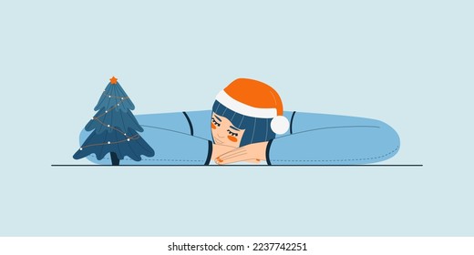 Festive, New Year, liquid flat illustration with a girl in a Santa hat resting her head on her hand and closing her eyes. New Year's decor, postcards, websites, print, sticker