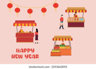 Festive New Year Market Scene with Lanterns and Stalls 2d flat vector illustrations