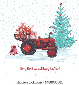 Festive New Year and Merry Christmas card. Red tractor with fir tree decorated red balls and holiday gifts White snowy seamless background. Vector illustrations