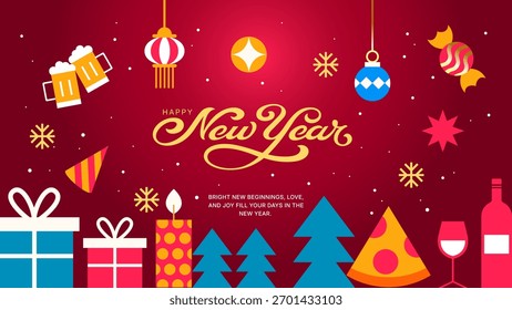 Festive New Year Party Background - Vibrant Holiday Icon Pattern with Gifts and Ornaments