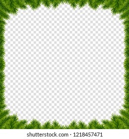 Festive new year realistic fir-tree border with vector christmas tree branches and space for text. Xmas photo frame isolated on transparent background. Template for greeting card, flyer, poster.