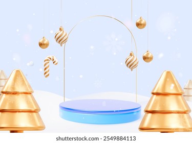 Festive New Year Scene with Golden Trees, Blue Podium, Arch, and Christmas Decorative Ornaments. Vector Winter Illustration. For Showcasing New Year Products.