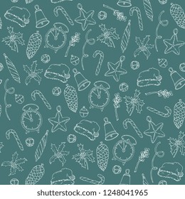 Festive, new year seamless pattern. sweet cane, lollipop, mistletoe, bow,Santa hat, bell, fir-cone on a green background. Bright color background for Festive paper wrapper. Hand drawing lineart vector 