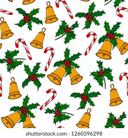 Festive, new year seamless pattern. sweet cane, candy, bells and holly.Bright color background for Festive cards, paper wrapper and other objects. Hand drawing vector illustration