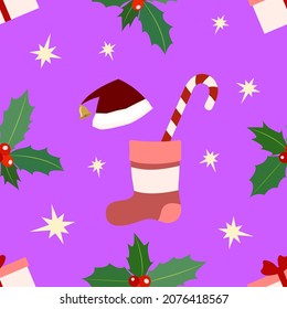 Festive new year seamless pattern with symbols of santa hat, sock, holly, lollipop sweet stick, stars. Vector illustration for festive design, packaging, wallpaper, fabric, card.
