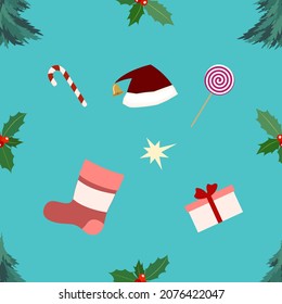 Festive new year seamless pattern with symbols santa hat, sock, holly, lollipop sweet stick, stars, gift box.
