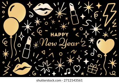 Patrón inconsútil festivo del año Nuevo con los globos del oro, los labios, el lápiz labial, las estrellas, el corazón, el relámpago, los regalos y los Elementos de la celebración en un fondo negro para el diseño de vacaciones. Ilustración vectorial.