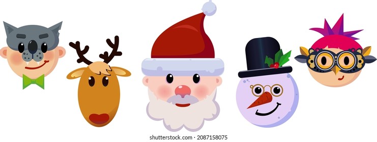 Festive new year set of characters faces. Vector carnival masks - Santa, Snowman, Rudolph Reindeer, Owl, Wolf. Bright stickers, decorations, posters.