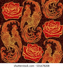 Festive New year simless pattern with red ruster as a symbol of the year and a roze. Intricate linear drawing of the crowing Rooster on contrast background. EPS10 vector illustration.