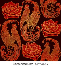 Festive New year simless pattern with red ruster as a symbol of the year and a roze. Intricate linear drawing of the crowing Rooster on contrast background. EPS10 vector illustration.