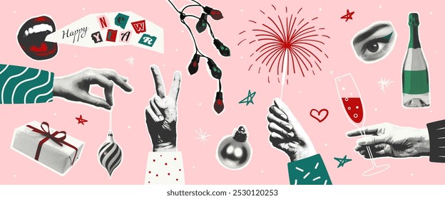 Festive New Year sticker set with cutout halftone effect. Perfect for social media, this playful collection features a vibrant mix of holiday elements, including decorations, drinks and greetings.