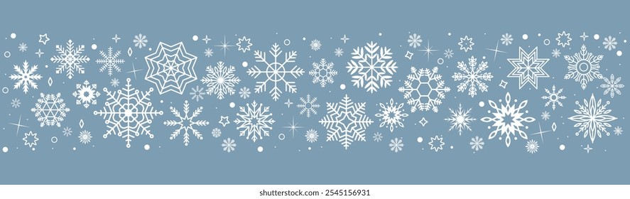 Modelo de Ano Novo festivo com flocos de neve quadro de vetor de cor plana. Espírito festivo da ilustração da estação de inverno no fundo azul