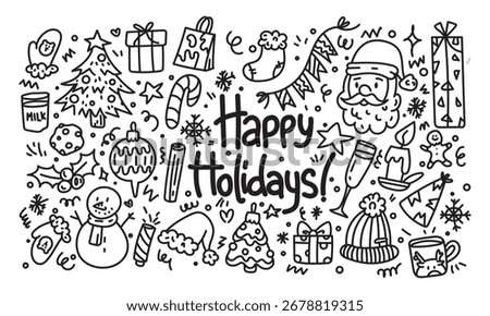 Festive new year themed Doodle set with Happy Holidays Greeting