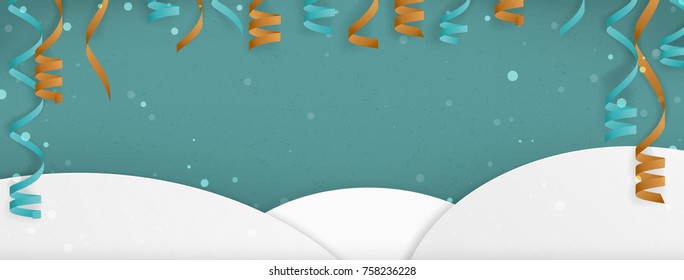 Festive New Year themed Minimal Winter Landscape  Banner, with Hills, Party Streamers and Snow: Vector Illustration with Copy Space