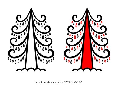 Festive new year tree black and red in a concise design, stylized ethnic Russian Mezen painting. Vector illustration