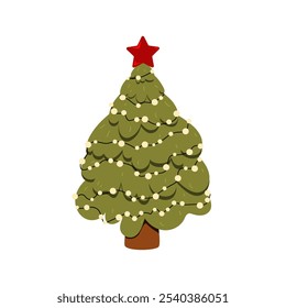 A festive New Year tree.Decorated with Christmas lights.Vector illustration isolated on a white background.