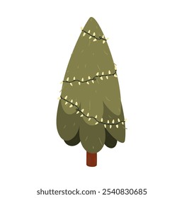 Festive New Year tree.Decorated with garlands.Vector illustration isolated on a white background.