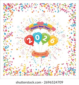 Festive “Happy New Year 2026” vector with colorful balloons, confetti, and fireworks on a white background. Perfect for greeting cards, banners, and holiday celebration designs.
