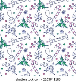 Patrón sin fisuras del vector de Año Nuevo festivo. Decoraciones de Navidad dibujadas a mano, caramelos, copos de nieve, bastón de caramelo y ramita. Ilustración de estilo Doodle aislada en fondo blanco para tela, diseño de papel