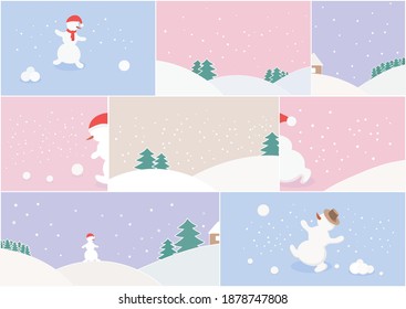 Festive New Year winter  background with funny snowmen and Christmas trees. Snowmen are playing snowballs. Design for postcards, invitations, brochures, websites. Vector illustration.