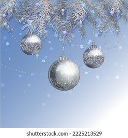 festive New Year's card with a Christmas tree, beautiful electric garlands and glass balls on a light background
