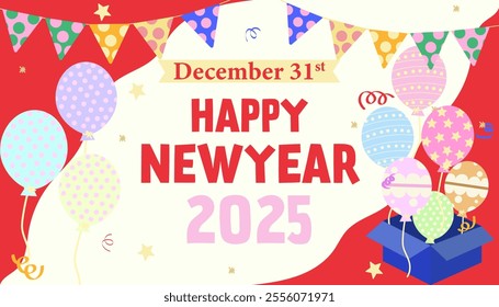 Festive New Year's Eve 2025 card featuring colorful balloons and bunting on a bright background in this playful vector illustration.