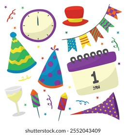 A festive New Year's Eve elements set, featuring a party hat, cone hats, a calendar, champagne, a ticking clock, a paper trumpet, and scattered ribbons and sprinkles.