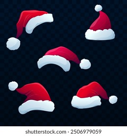 Festive New Year's hats. Santa Claus headdress. Vector colorful illustration, hand drawn, in cartoon style.  Elements for design.