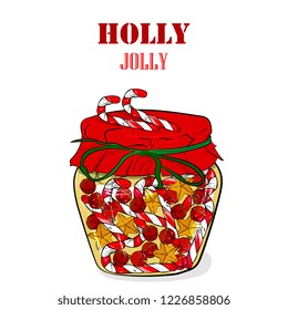 Festive, New Year's illustration. magic glass jar with a star, sweet cane, bells. Template for cards, invitations, t-shirt design, new year design,children's illustration