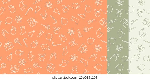 Festive New Year's pattern with contour icons of snowflakes, gifts, snowmen and others on three backgrounds.