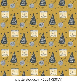 Festive New Years pattern with party hats, calendars marked January 1st, disco balls, and stars on gold background , perfect for New Year celebrations. Vector hand drawn seamless illustration