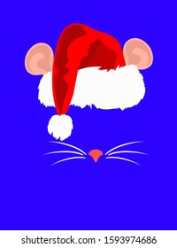 festive New Year's symbolic icons on a dark night blue background with the image of the hat of Saint Nicholas with rat ears and nose