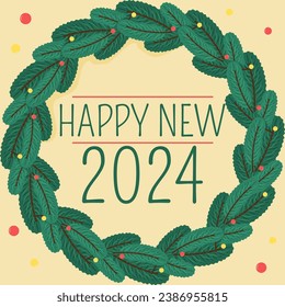 Festive New Year's wreath with greetings inside. Wreath with garland of spruce branches. Happy New Year 2024. Decorated festive holiday spruce wreath. Vector poster, postcard, illustration in flat sty