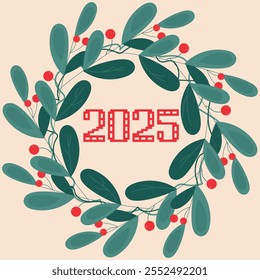 Festive New Year's wreath with greetings inside. Wreath with garland of spruce branches. Happy New Year 2025 Decorated festive holiday spruce wreath. Vector poster, postcard, illustration in flat sty