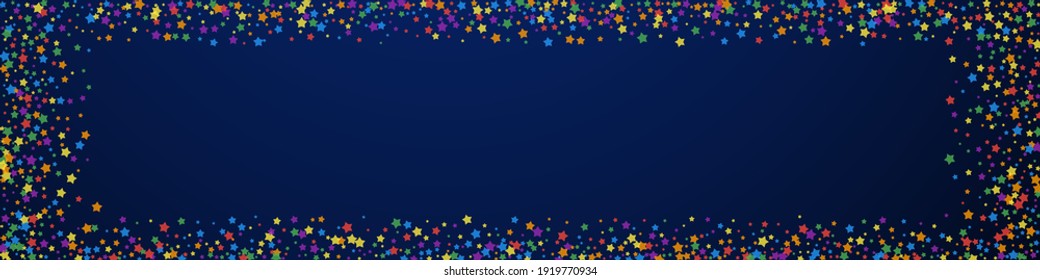 Festive nice confetti. Celebration stars. Rainbow bright stars on dark blue background. Alive festive overlay template. Panoramic vector background.