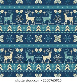 Festive Nordic inspired seamless pattern with stylized reindeer, snowflakes, hearts, and Christmas trees. Winter folk background. Blue tone palette. Perfect for holiday designs, textiles, and decor