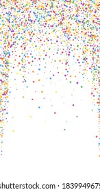 Festive noteworthy confetti. Celebration stars. Rainbow confetti on white background. Glamorous festive overlay template. Vertical vector background.